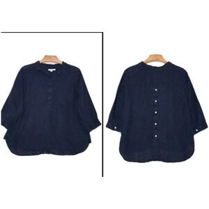 Chico's Women Blouse Size 3 US 16 Navy Blue Linen Button Front & Back 3/4 Sleeve